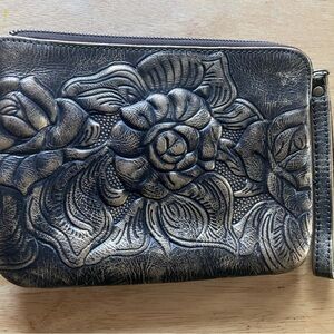 Patricia Nash Black and Gold Cassini Leather Embossed Wristlet